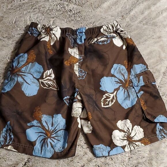 Authentic Consensus Mens Size L Brown Blue White Flowered Swim Shorts - Picture 2 of 5